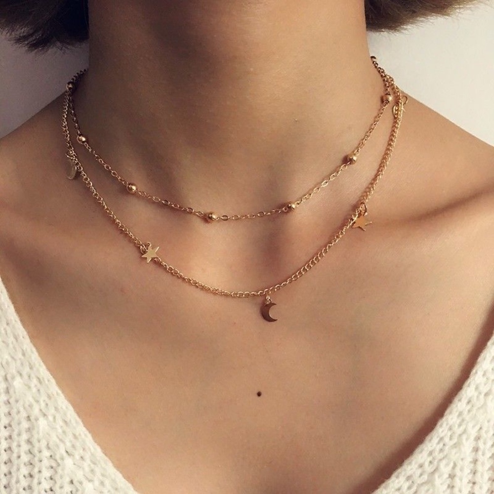 Moon Star Double Layered Necklace in Gold